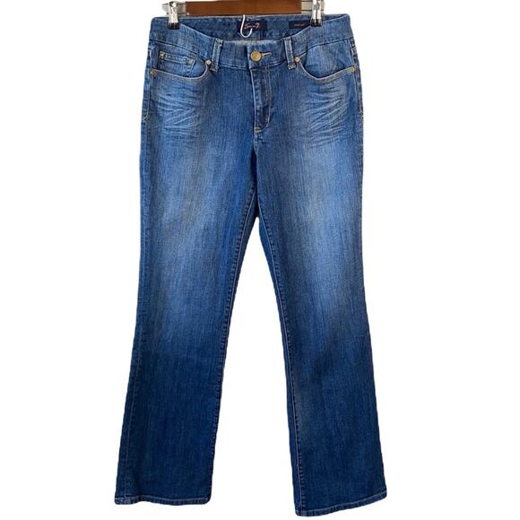 Seven7 Women Medium Wash Denim Faded Whiskered Mid Rise Boot Cut Jeans Size 10 - Picture 1 of 9